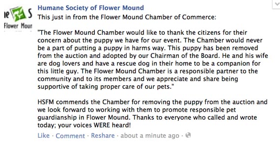 flower mound chamber reverses position on puppy auction 